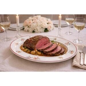 European Vintage 1940s Large Porcelain Oval Floral Well & Tree Platter 15x11.75”